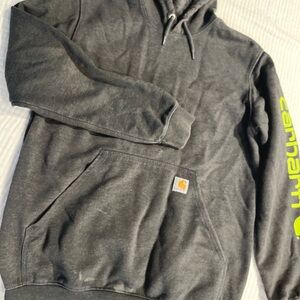 Carhartt Gray Hoodie with Neon Green Logo - Sz Medium Loose Fit
